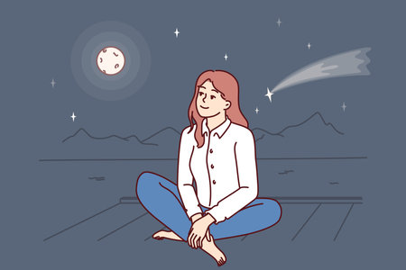 Dreamy woman is sitting on pier looking at night sky with shooting star near full moonのイラスト素材