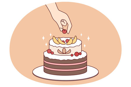 Person decorate cake with fruit