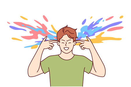 Creative man makes gesture of gun near head and colorful splashes, for concept of brainstormingのイラスト素材