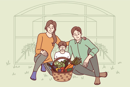 Family of farmers with fresh harvest sits near greenhouse and boast grown vegetablesのイラスト素材