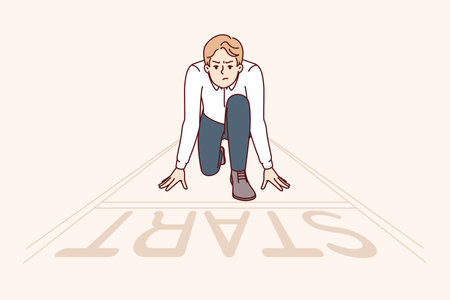 Businessman stands near text start, as metaphor for ambition and desire to quickly achieve goalsのイラスト素材