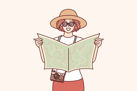 Woman tourist uses paper map to navigate and find popular attractions or directions to hotelのイラスト素材