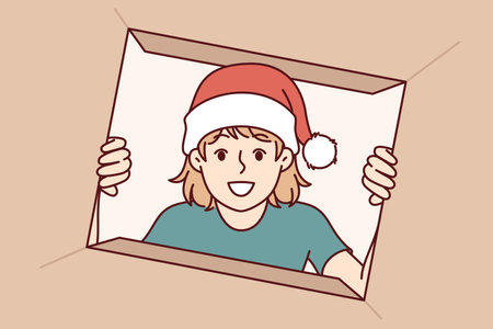 Little girl unpacks christmas gift and with smile looks into cardboard box presented by santa clausのイラスト素材
