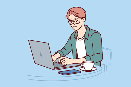 Man freelancer works with laptop sitting in cafe and drinking coffee, enjoying remote workのイラスト素材