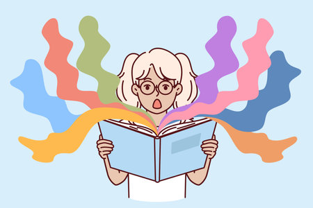 Surprised little girl reads book with exciting story and opens mouth in delight at plotのイラスト素材