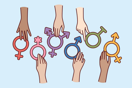 Symbols different genders in hands, for concept absence of discrimination against transgender humansのイラスト素材
