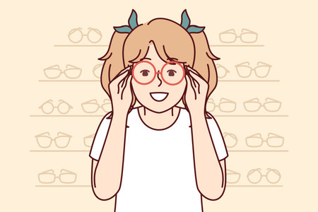 Little girl is trying on eyeglasses for vision correction, stands in optics store near showcasesのイラスト素材