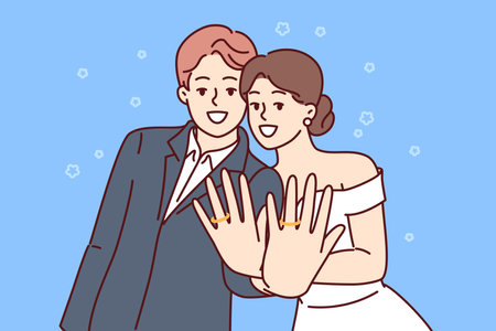 Marriage ceremony of man and woman, with wide smile showing wedding rings on fingersのイラスト素材