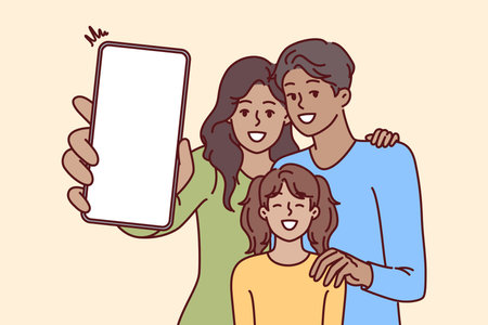 Happy family holds phone with blank screen in hands, offering to use advertising mobile applicationのイラスト素材