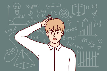 Embarrassed guy student studying mathematics, scratching back head standing near school chalkboardのイラスト素材