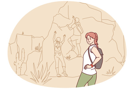 Happy woman hiking in mountainsのイラスト素材