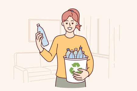 Woman puts plastic bottles in recycling bin showing awareness and concern for environmentのイラスト素材