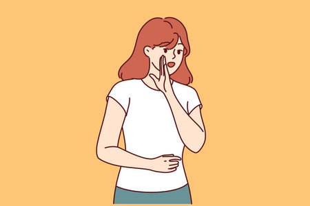 Woman shares secret information and puts hand to mouth to voice important messageのイラスト素材