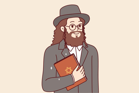 Jewish man with long hair and beard holds torah book with star of david on coverのイラスト素材