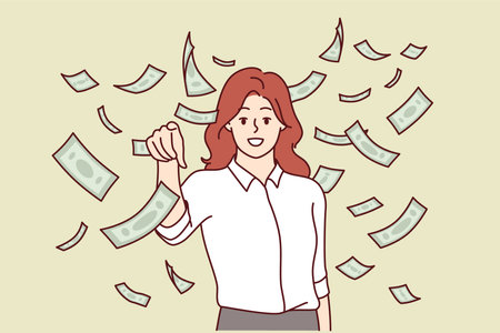 Woman investor stands among rain money and points finger at you, asking about desire to make moneyのイラスト素材