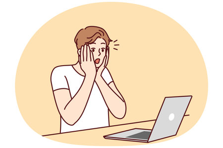 Stunned man shocked by news on laptopのイラスト素材