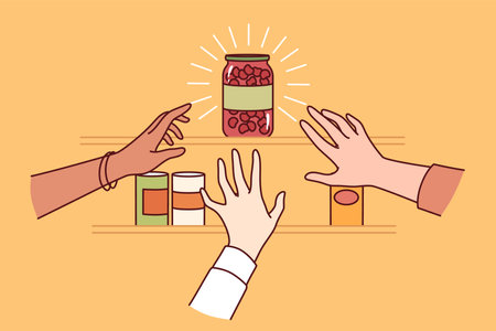 Almost empty shelf in supermarket and hands of people rushing to pick up last can of scarce goodsのイラスト素材