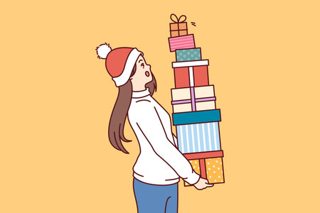 Woman with bunch of christmas gifts in hands is in shock and is afraid to drop boxesのイラスト素材