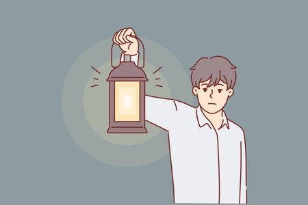 Man with kerosene lamp lights way in dark, looking for exit out room, metaphor for difficult timesのイラスト素材