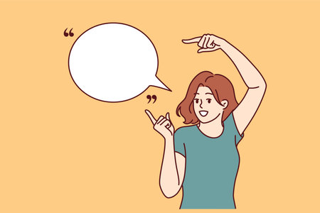 Woman promoter with smile points to speech bubble to place quote or marketing proposalのイラスト素材