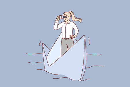 Business woman leader sails on paper boat on river and holds binoculars looking for opportunitiesのイラスト素材