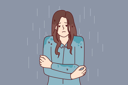 Woman stands shivering in rain without outer clothing and risks getting sick and catching coldのイラスト素材