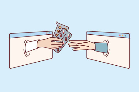 Blisters with pills in doctor hand sticking out from internet window, as metaphor for delivery drugsのイラスト素材