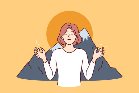 Woman meditates in lotus position and practices zen breathing standing near mountains and sunsetのイラスト素材