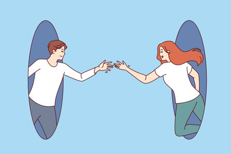 Loving couple man and woman are trying to hold hands looking out from different holesのイラスト素材