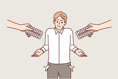 Poor man cannot buy medications and shows empty pockets, standing among hands with blisters of pillsのイラスト素材