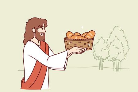 Jesus carries bread in basket, fulfilling biblical prediction from christian religionのイラスト素材