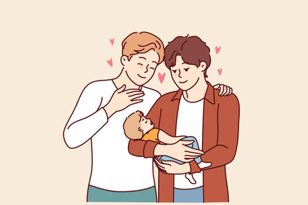 Gay couple holds child in hands and smiles, rejoicing at presence law giving right to adopt childrenのイラスト素材
