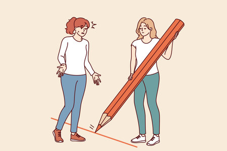 Woman draws boundary and prohibits crossing it, using large pencil to draw red lineのイラスト素材