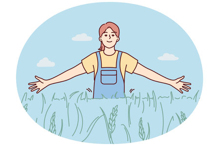 Smiling girl walking in fieldのイラスト素材