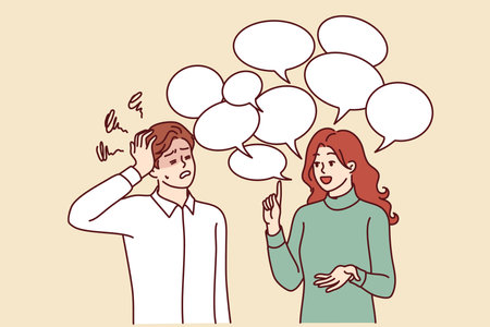 Chatty woman irritates man does not want to listen to girl standing among speech bubblesのイラスト素材