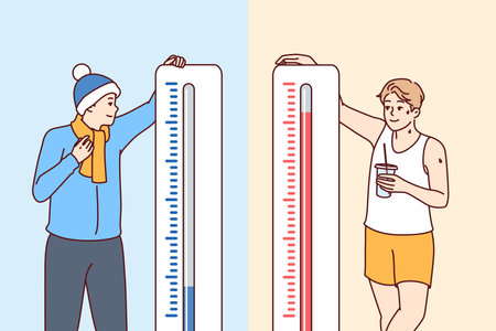 Man stands near thermometers showing different temperatures and feels heat or coldのイラスト素材