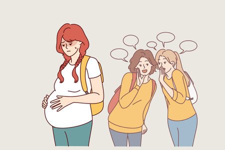 Pregnant teenage woman, victim of bullying, stands near judgmental classmates with backpacksのイラスト素材