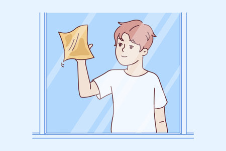 Neat boy is doing cleaning and wipes mirror or window from stains to comply with rules of sanitationのイラスト素材