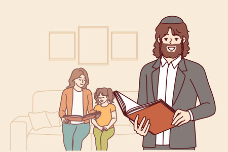 Orthodox jewish man with bible in hands stands near wife and daughter and holds book with prayersのイラスト素材