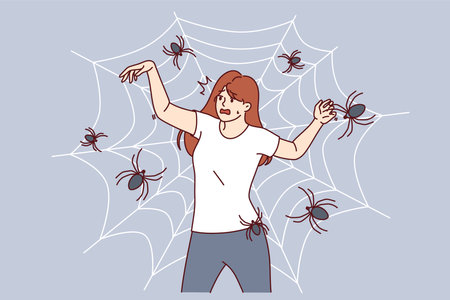 Woman with fear spiders is terrified being entangled in cobweb and needs treatment for arachnophobiaのイラスト素材