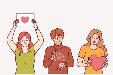 Hearts in people hands showing symbol gratitude and charity, calling for people to become volunteersのイラスト素材