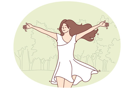 Happy woman runs through park in white flowing dress and enjoys warm summer weather. Vector imageのイラスト素材