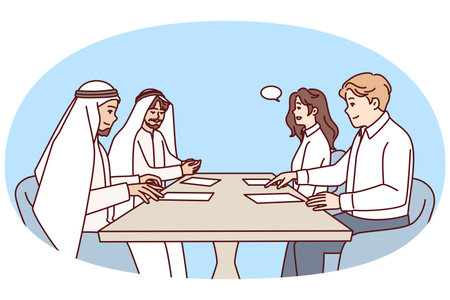 Managers of international business sit at table with papers and discuss investments. Vector imageのイラスト素材