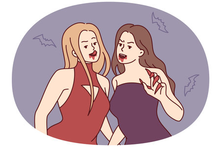 Women vampires in evening dresses with sharp claws and traces of blood near mouth. Vector imageのイラスト素材