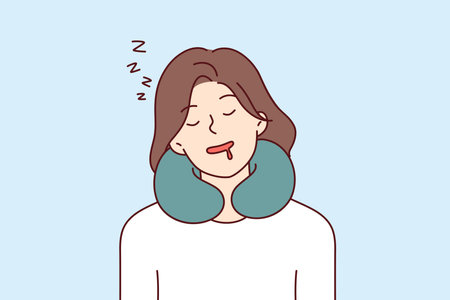 Woman sleeps using neck pillow while traveling and experiences comfort thanks to travel cushionのイラスト素材