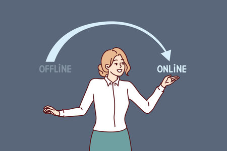 Woman engaged in business digitalization and points to word online, recommending use internet techのイラスト素材