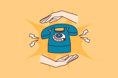 Old phone for making calls and telephone conversations, and people hands for ads telephony servicesのイラスト素材