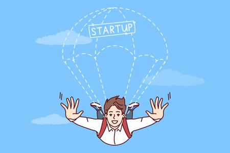 Business man startup owner with parachute flies in sky, demonstrating willingness to take risks