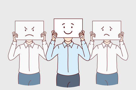 Business people with different bad or good emotions depicted on posters hiding facesのイラスト素材