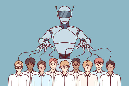 Robot manipulates crowd of people using puppeteer strings and symbolizing problems caused by AIのイラスト素材